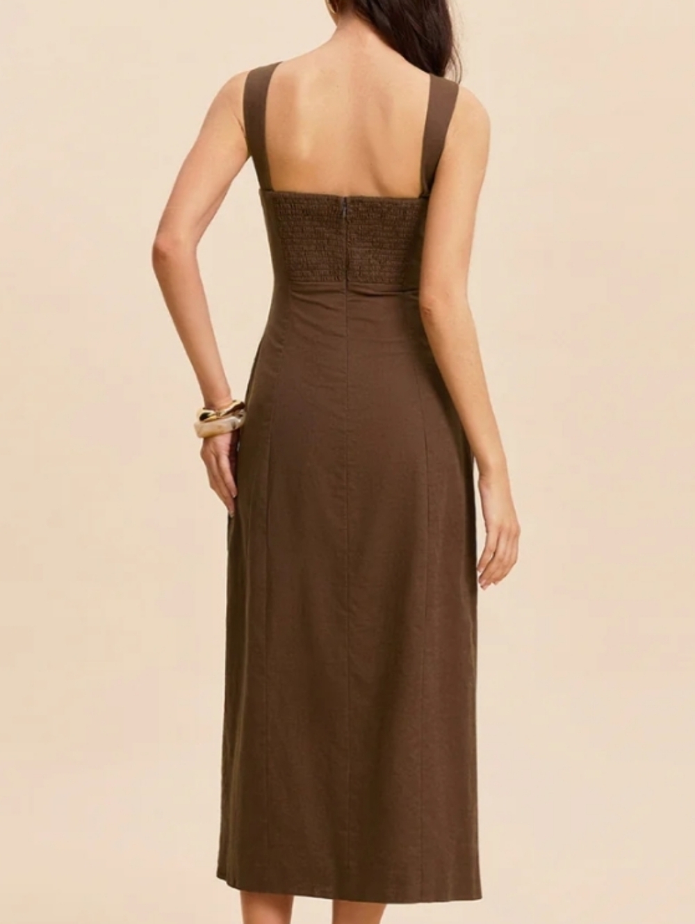 NWT Commense Chocolate Brown Square-Neck Midi Dress Slit Cotton & Linen Slit S - Picture 3 of 10